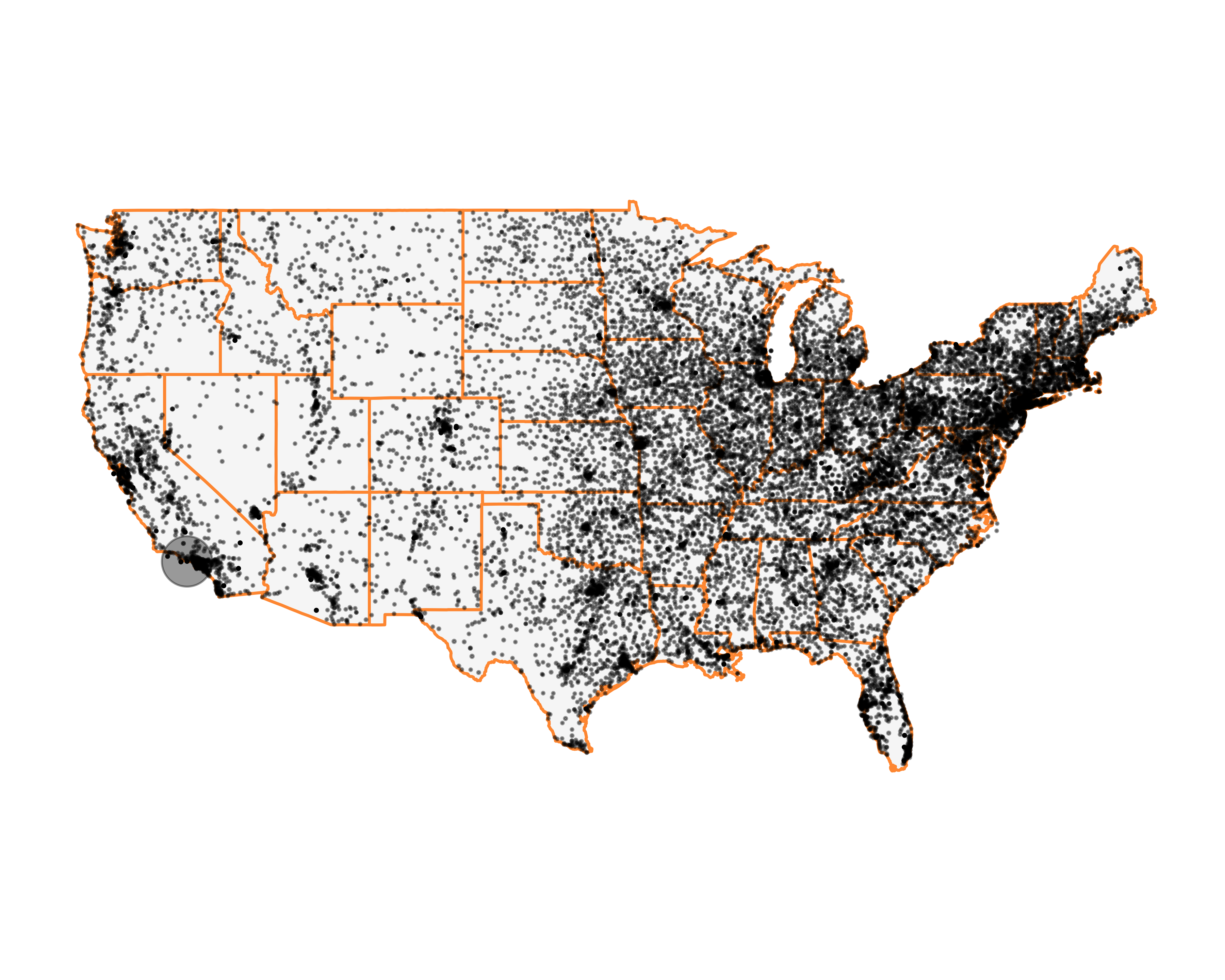 Number of prospects by ZIP code on the US map