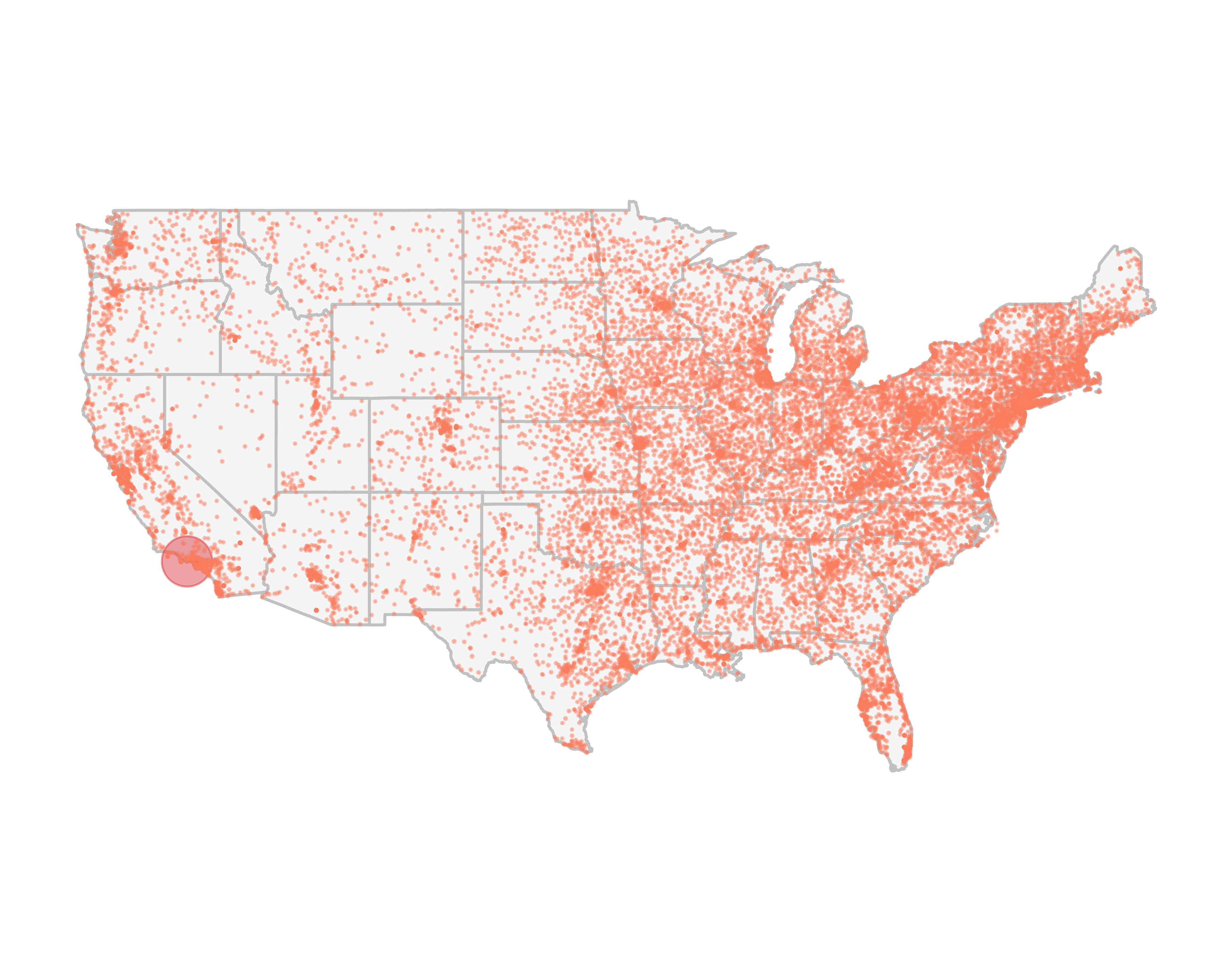 Number of prospects by ZIP code on the U.S. map, colored by density